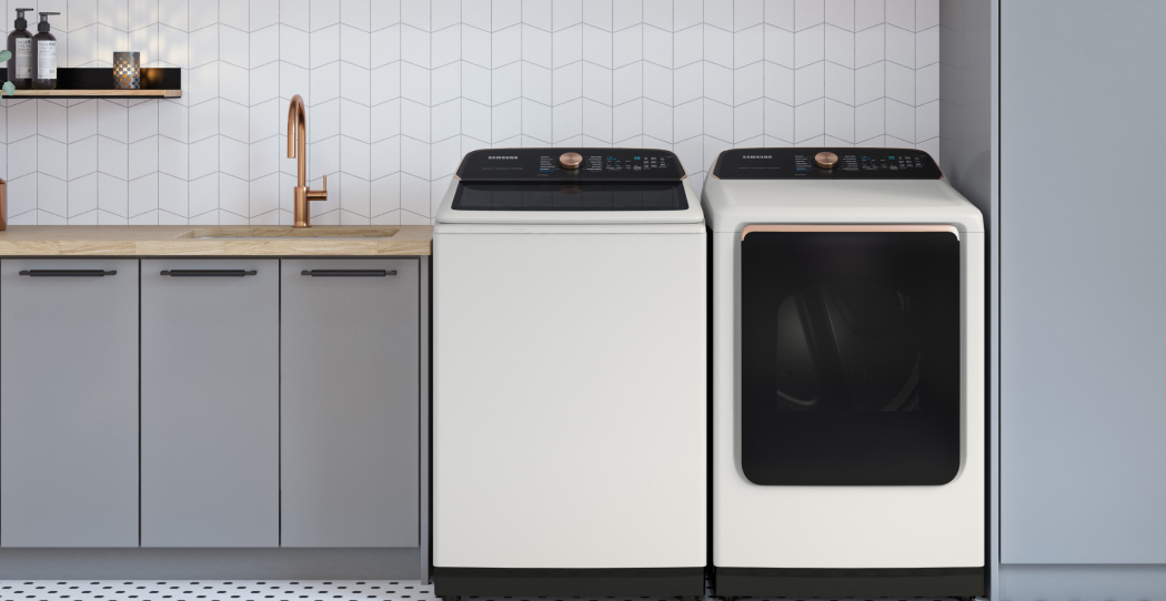 modern laundry room showcasing a stylish washer and dryer set